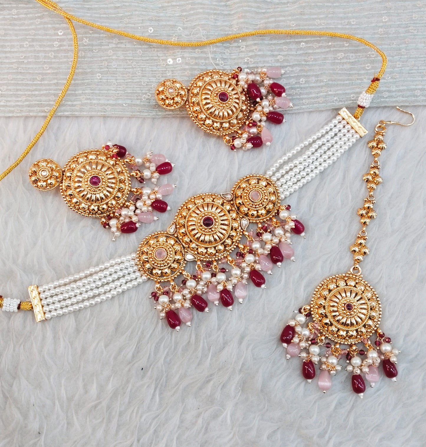 Ruby Pink Gold Punjabi Choker Birpal set