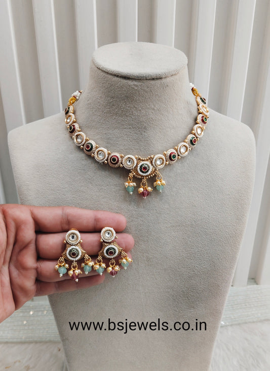 Ruby Green Mint Gold Polki Necklace Jewellery Rana Set