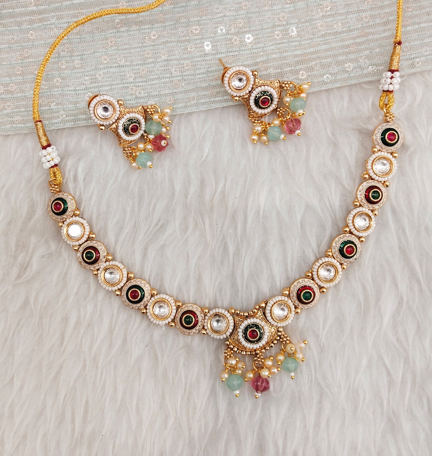 Ruby Green Mint Gold Polki Necklace Jewellery Rana Set