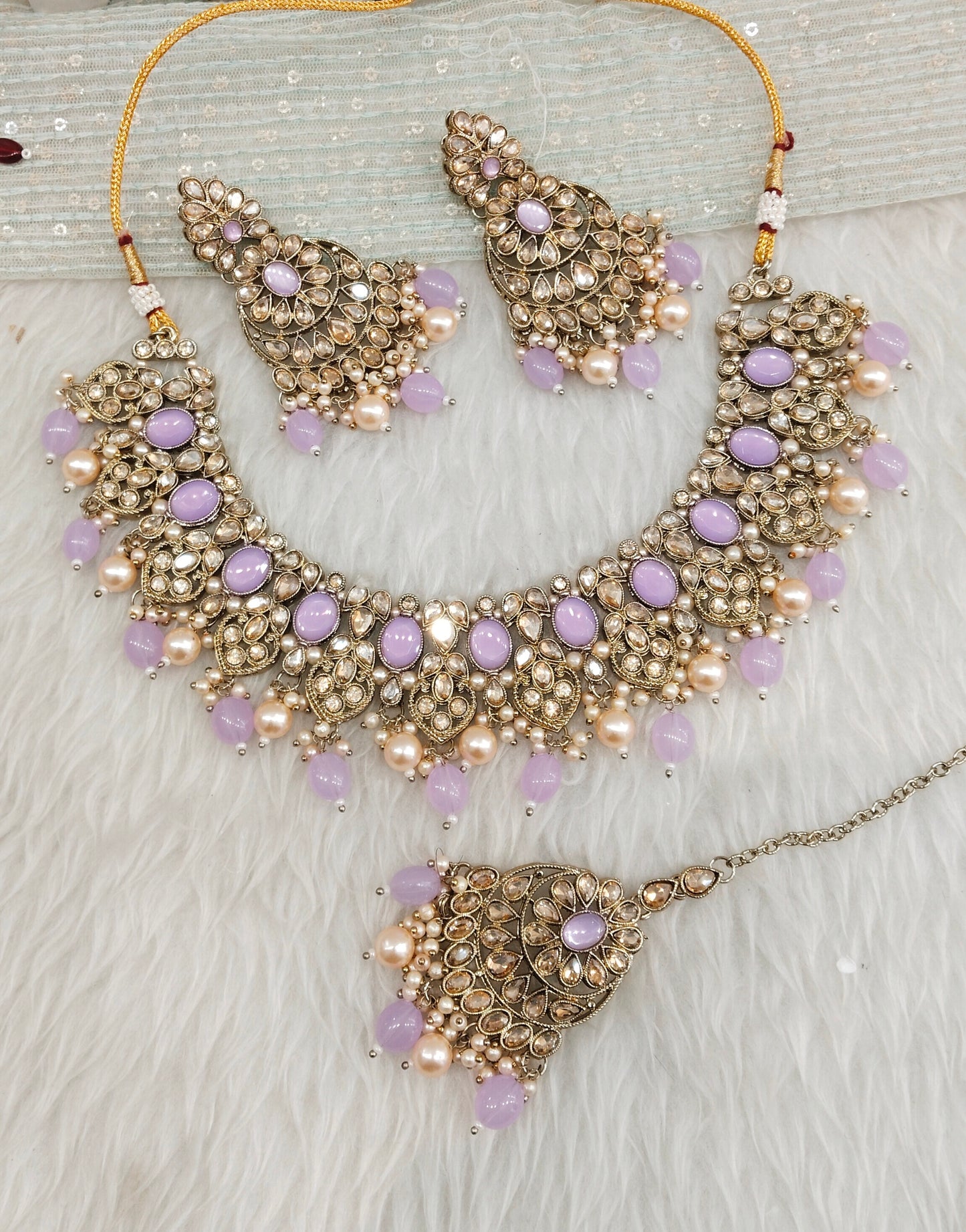 Lavender Antique Gold Necklace Jewellery Rasha Set
