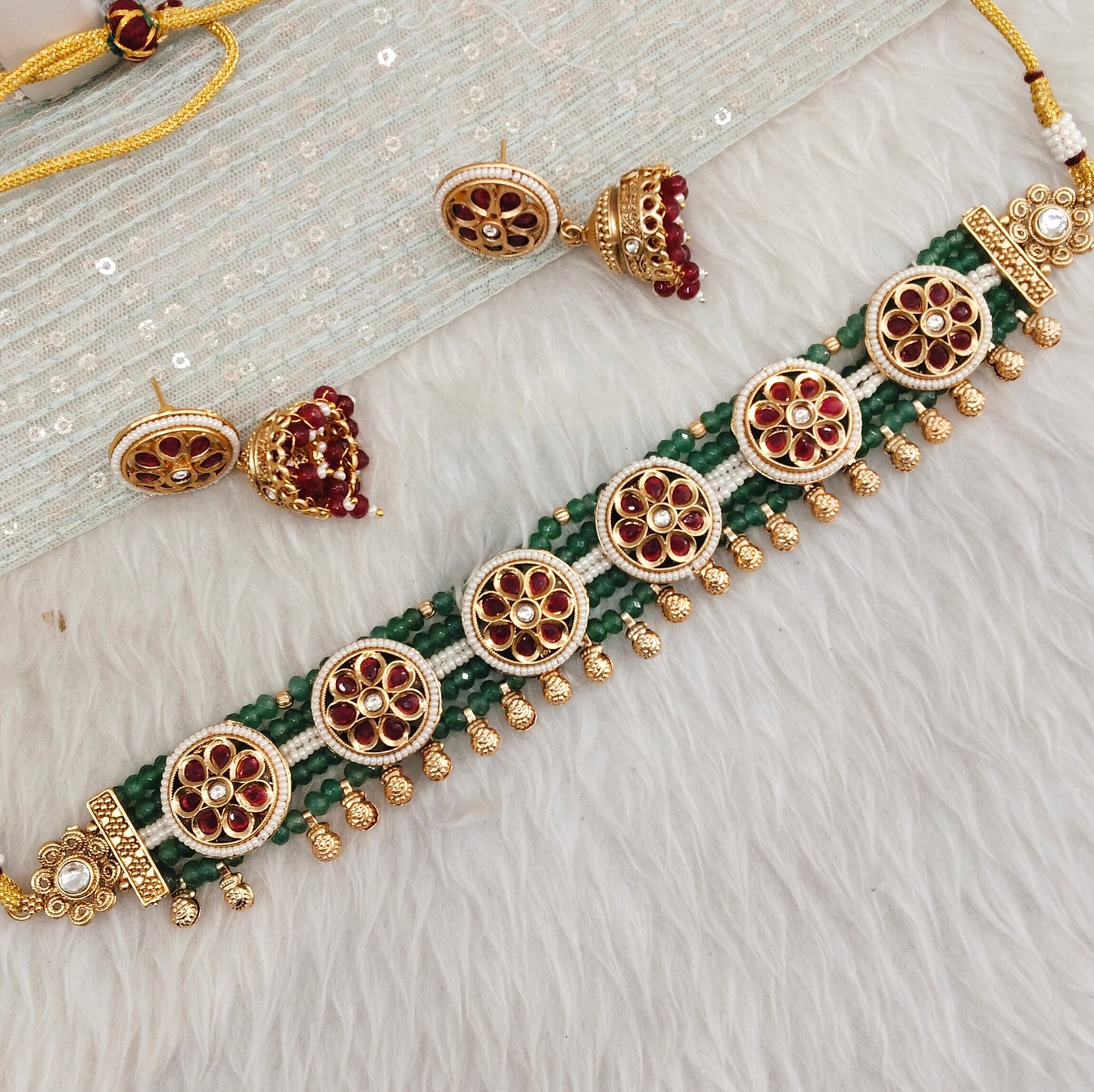 Ruby Sage Green Gold Polki Choker Jewellery Rossy Set