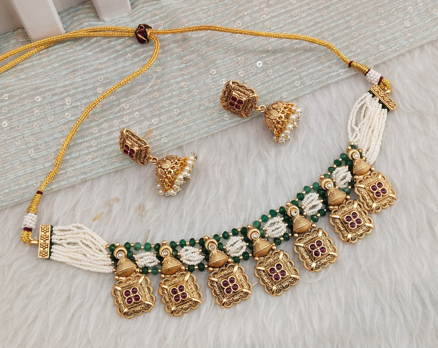Ruby Sage Green Gold Polki Necklace Jewellery Rana Set