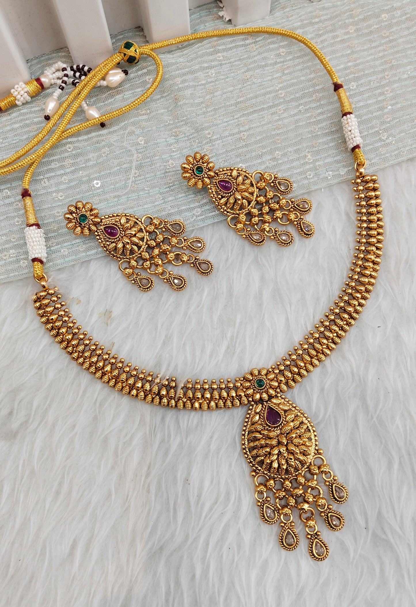 Ruby Green Gold Polki Necklace Jewellery Rana Set