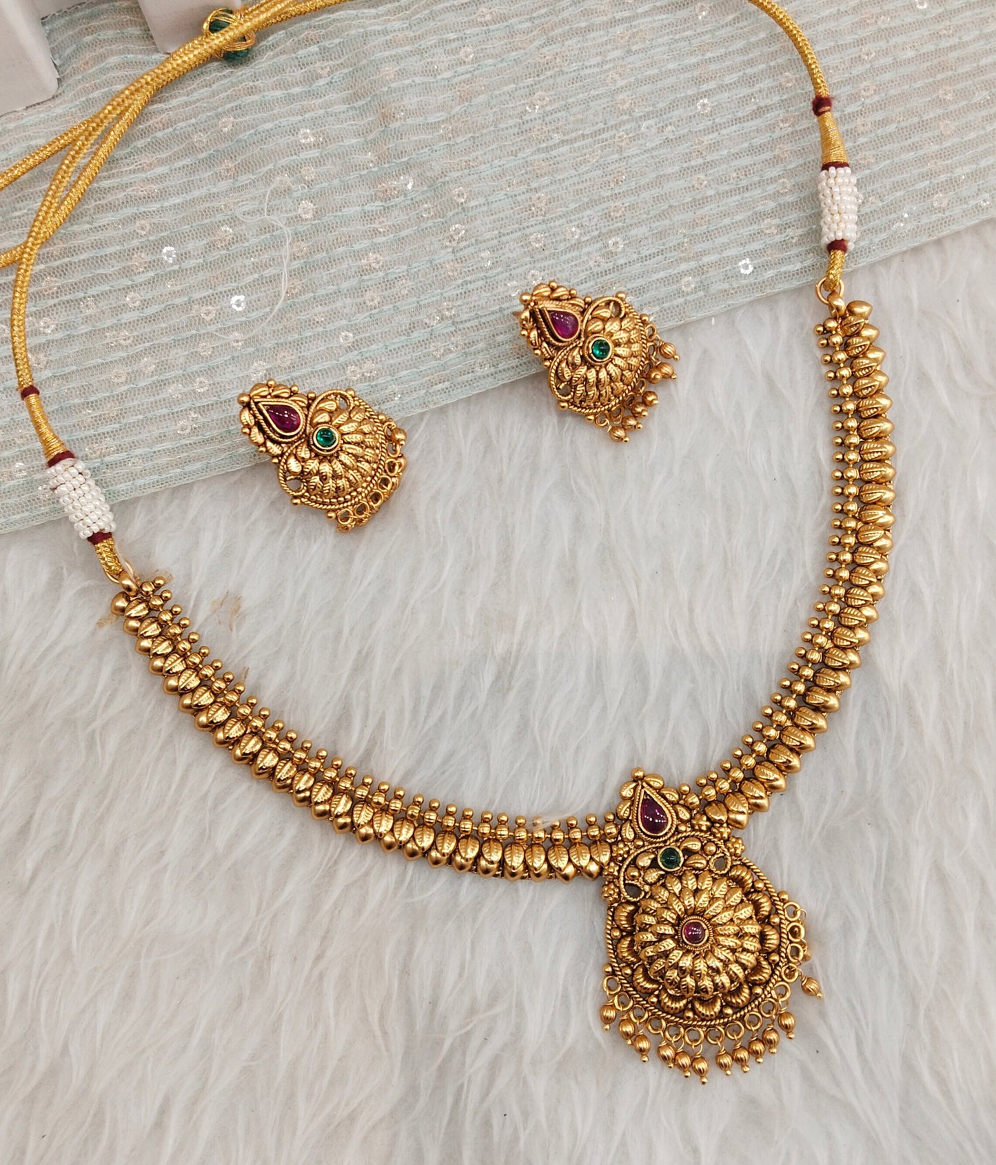 Ruby Green Gold Polki Necklace Jewellery Rana Set