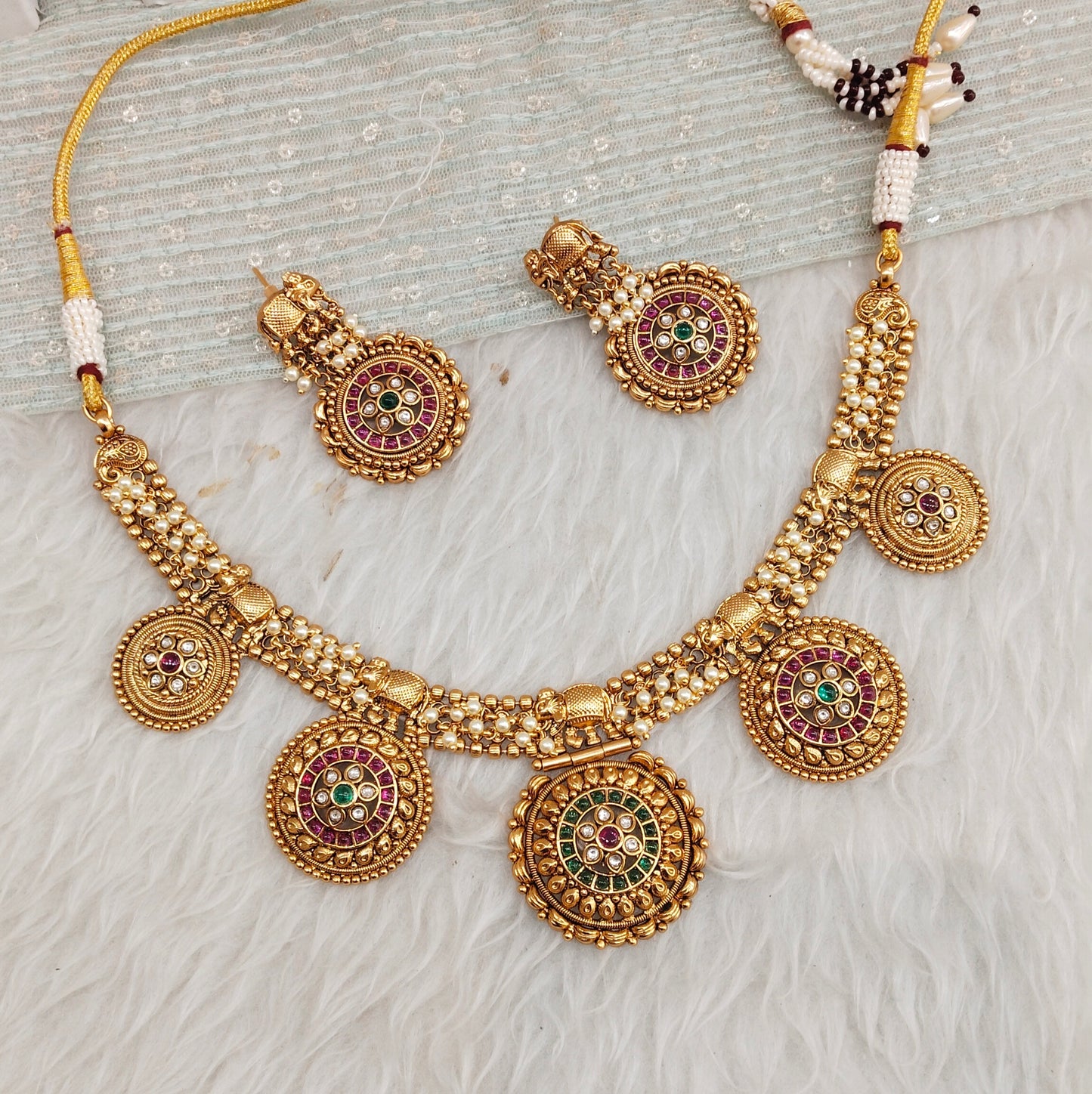 Ruby Green Gold Polki Necklace Jewellery Rana Set