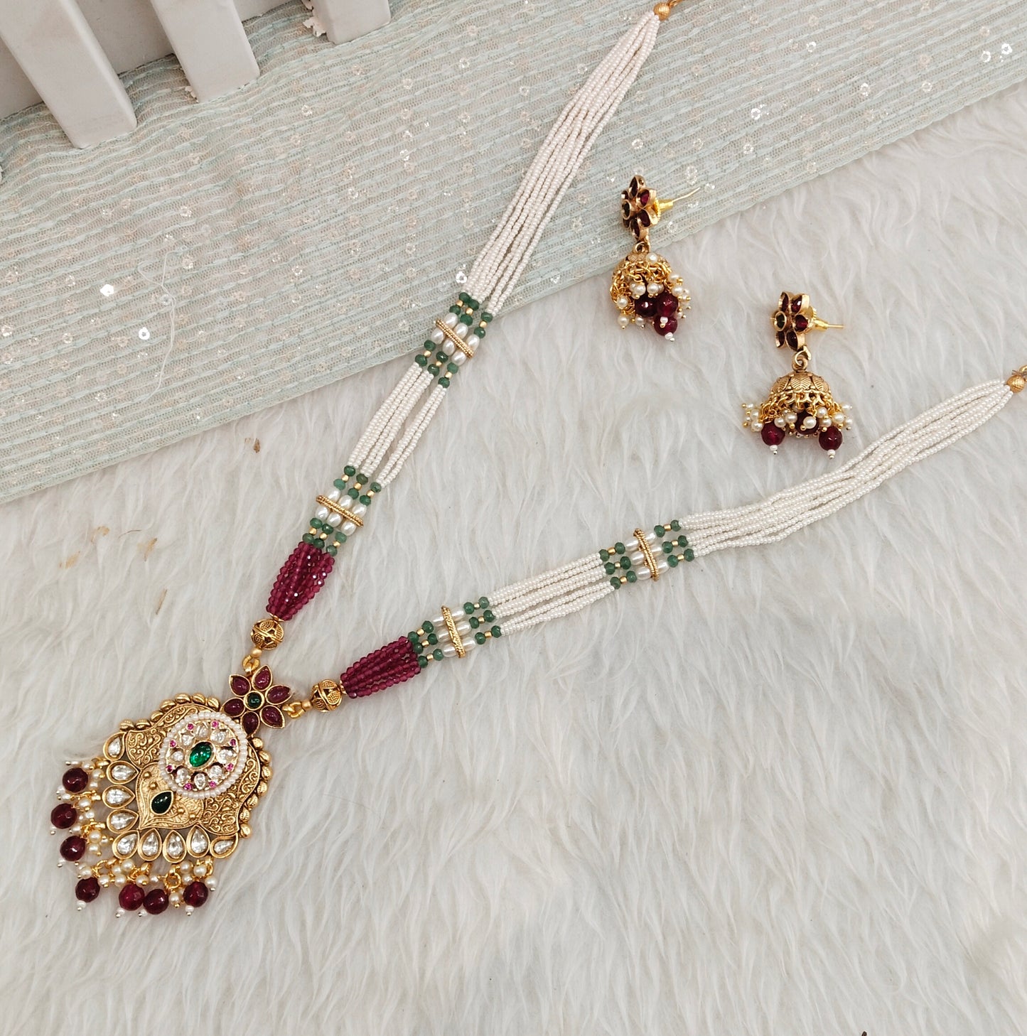 Ruby Green Gold Polki Long Rani Haar Necklace Jewellery Maxwel Set