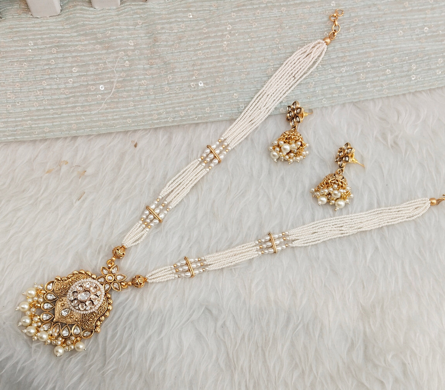 White Gold Polki Long Rani Haar Necklace Jewellery Maxwel Set