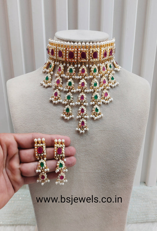 Ruby Green Jadau Punjabi Style Necklace Choker Jewellery Smith Set