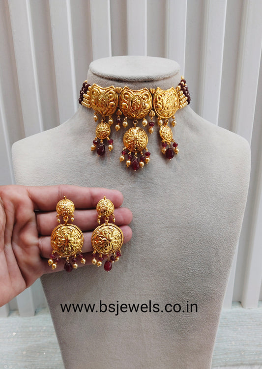 Maroon Gold Jadau Punjabi Style Choker Jewellery Smith Set