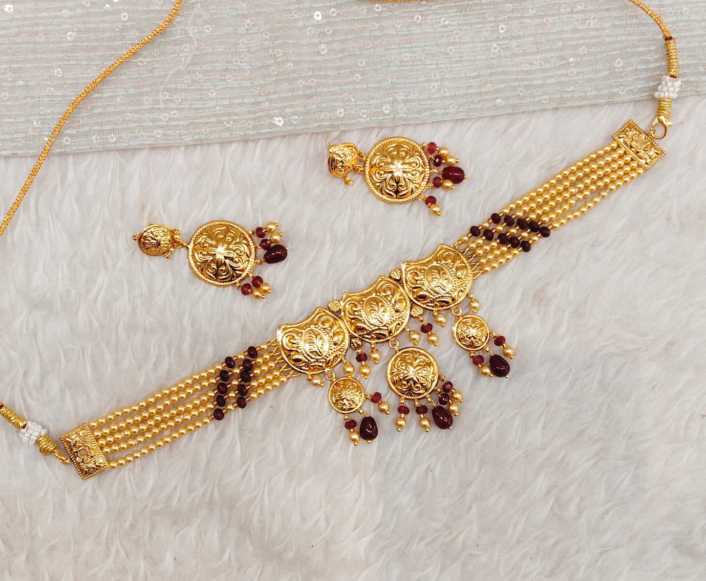 Maroon Gold Jadau Punjabi Style Choker Jewellery Smith Set