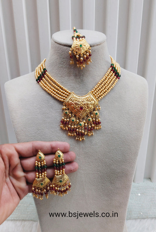 Ruby Green Gold Jadau Punjabi Style Necklace Jewellery Smith Set