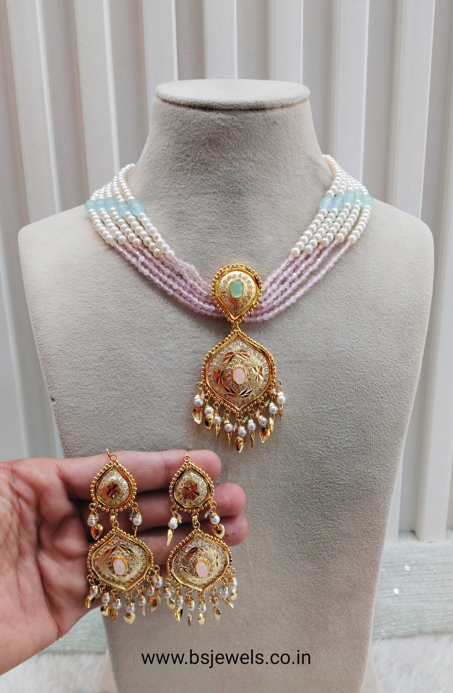 Mint Pink Gold Jadau Punjabi Style Necklace Jewellery Smith Set