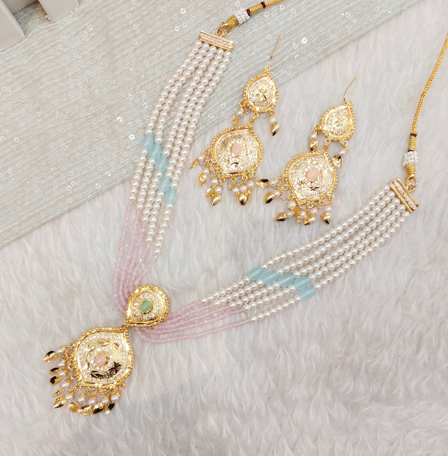 Mint Pink Gold Jadau Punjabi Style Necklace Jewellery Smith Set