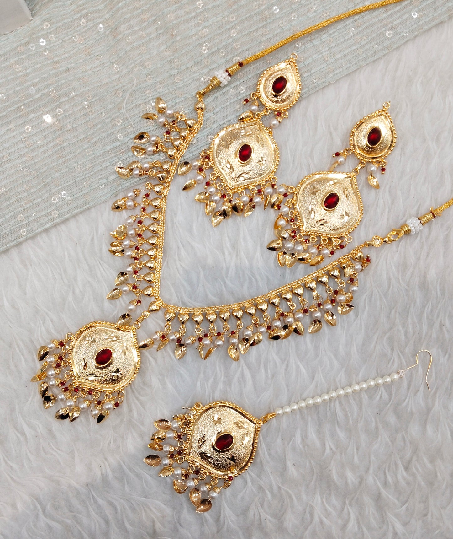 Maroon Gold Jadau Punjabi Style Necklace Jewellery Smith Set