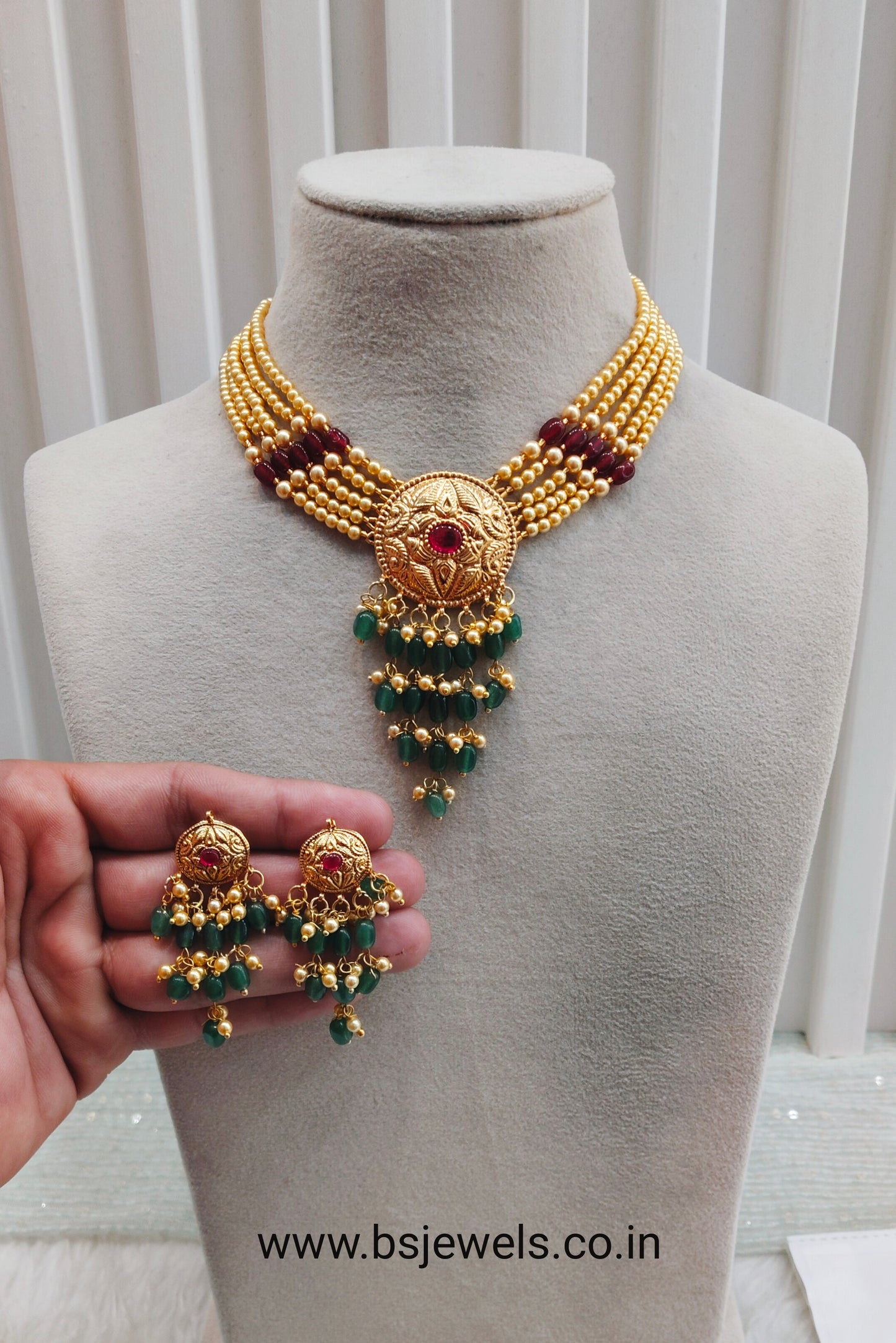 Ruby Green Gold Jadau Punjabi Style Necklace Jewellery Smith Set
