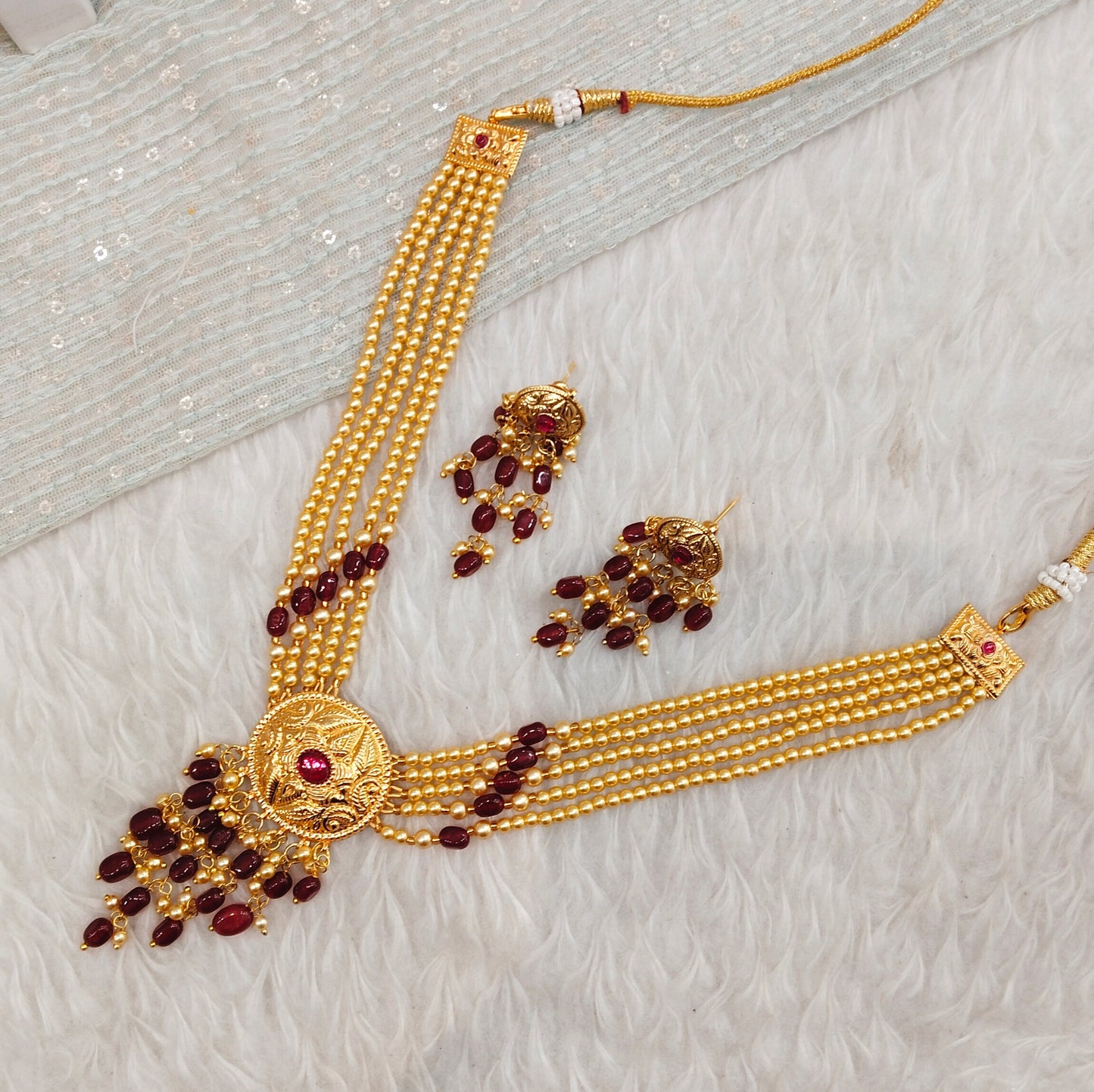 Maroon Gold Jadau Punjabi Style Necklace Jewellery Smith Set