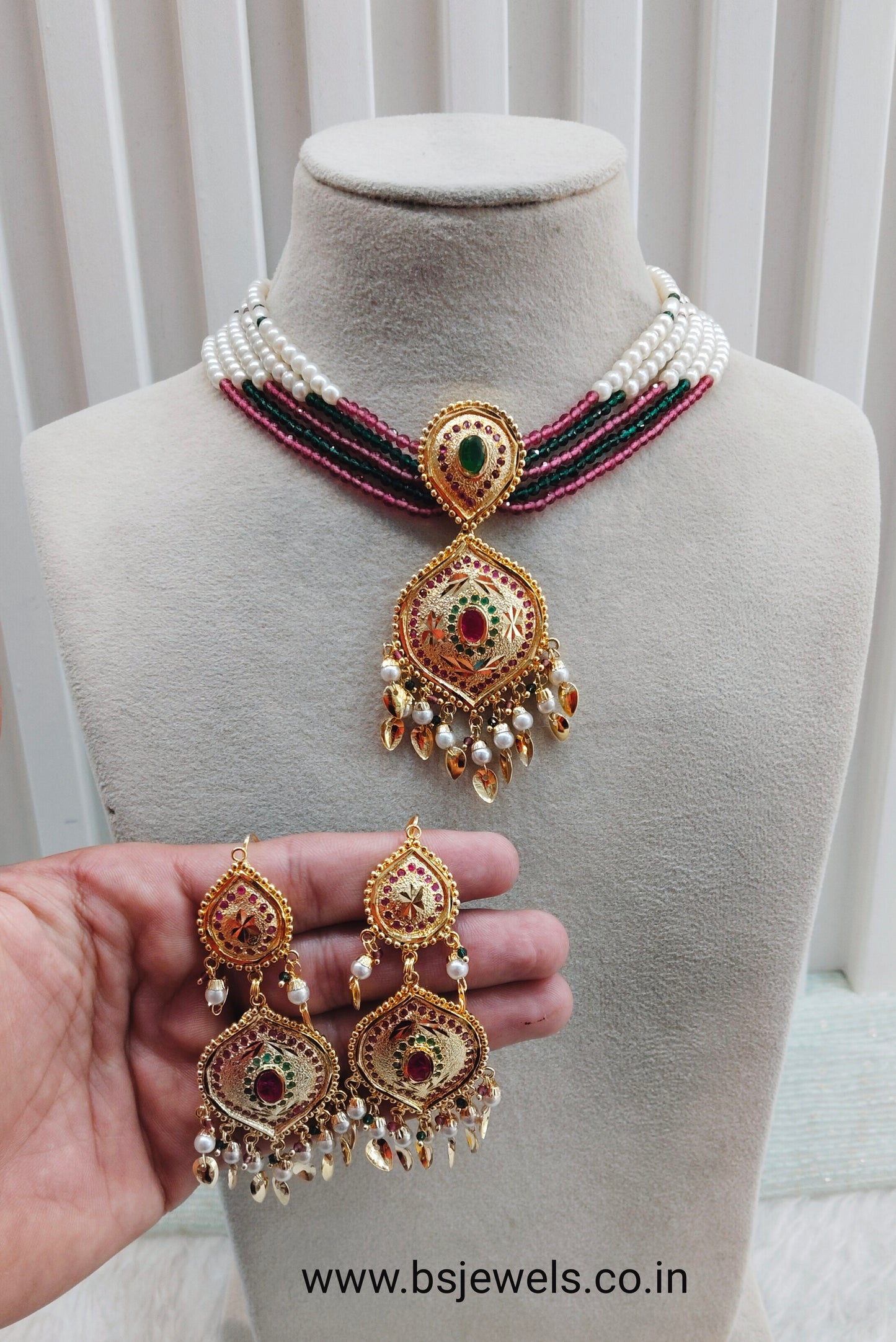 Ruby Green Gold Jadau Punjabi Style Necklace Jewellery Smith Set