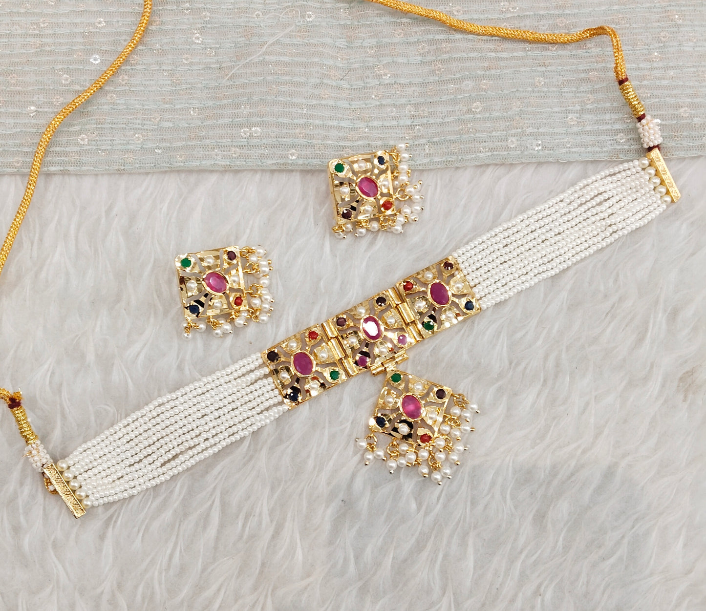 Multi Color Gold Jadau Punjabi Style Choker Jewellery Smith Set