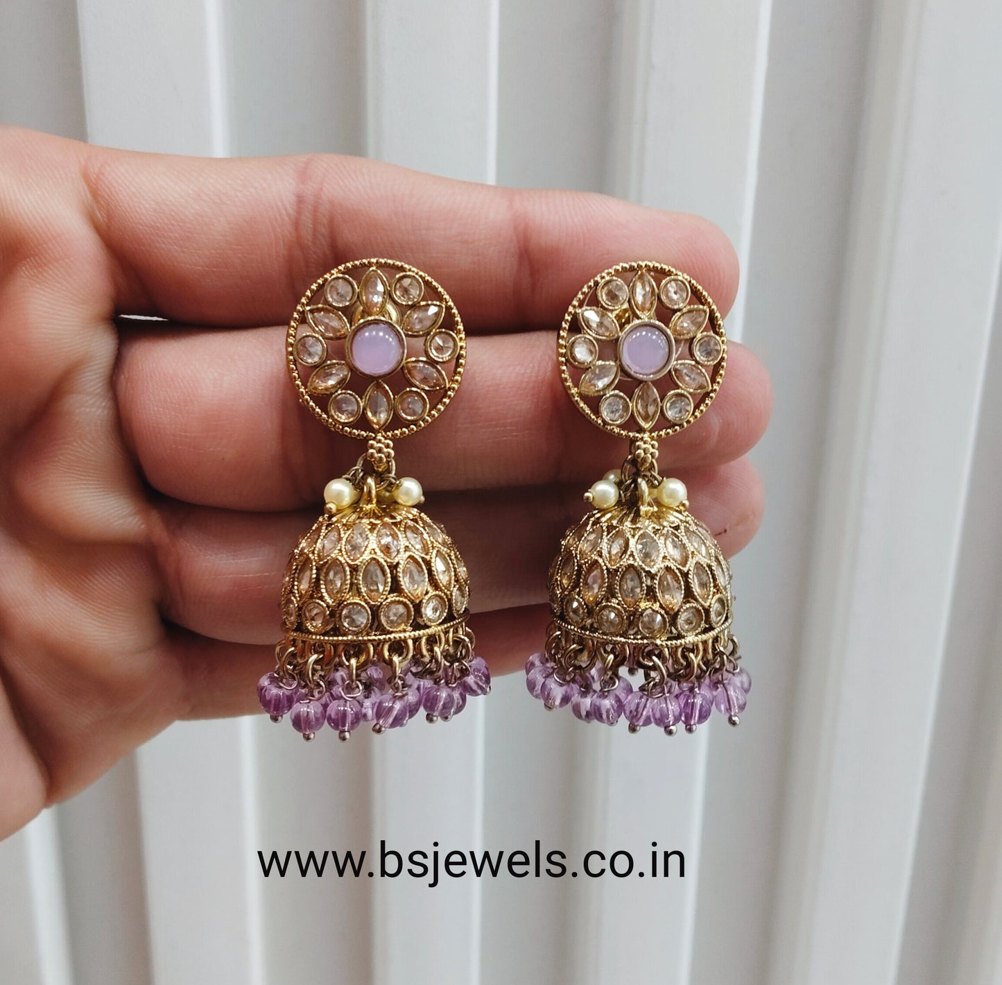 Lavender Antique Gold Jhumki Bollywood Earrings