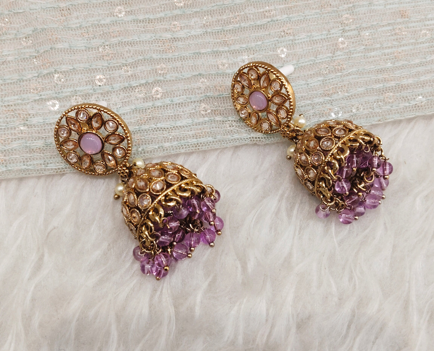 Lavender Antique Gold Jhumki Bollywood Earrings