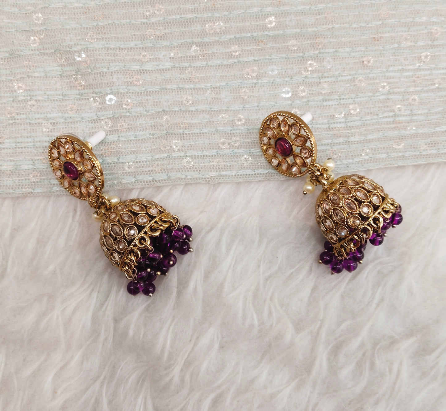 Purple Antique Gold Jhumki Bollywood Earrings