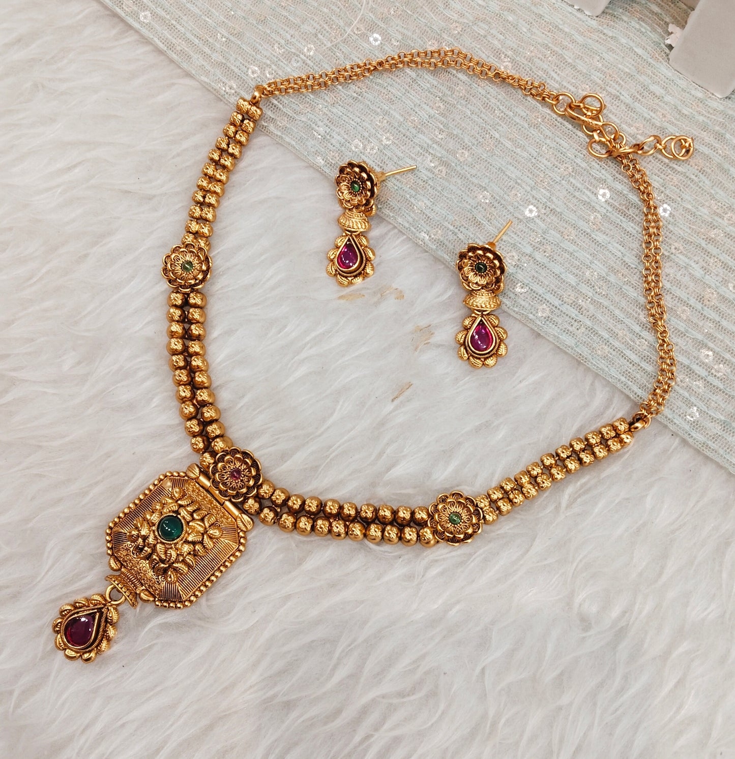 Ruby Green Gold Polki Necklace Jewellery Harf Set