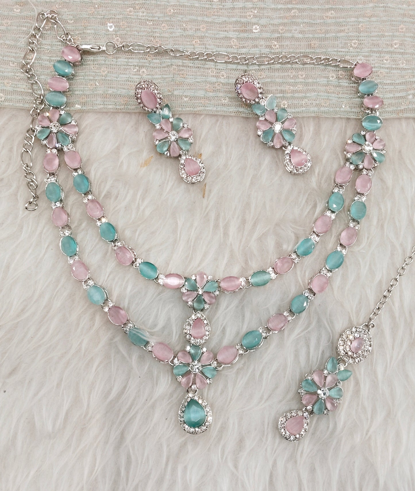 Mint Pink Silver CZ Necklace Jewellery Harteij Set