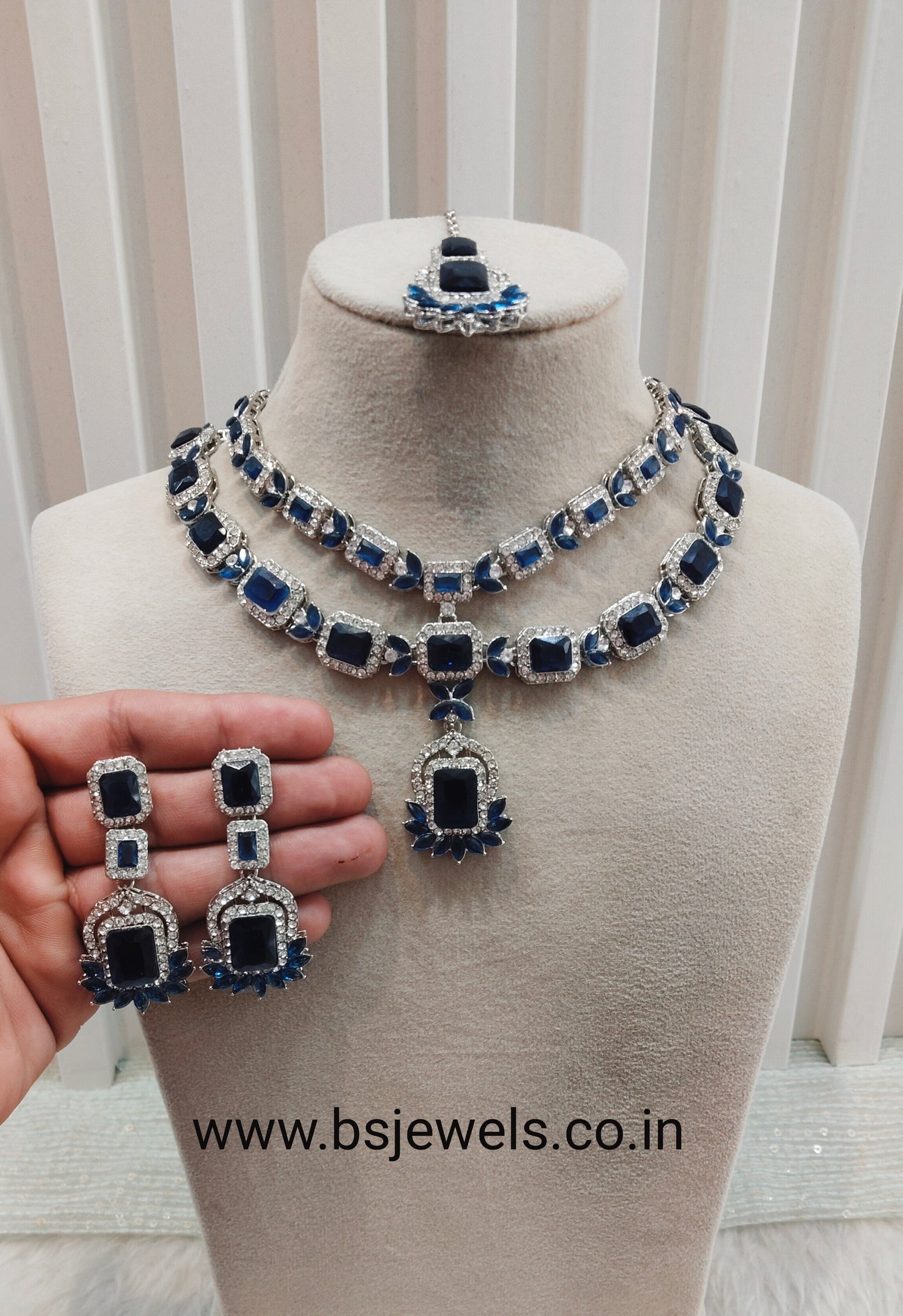 Blue Silver CZ Necklace Jewellery Gajrup Set
