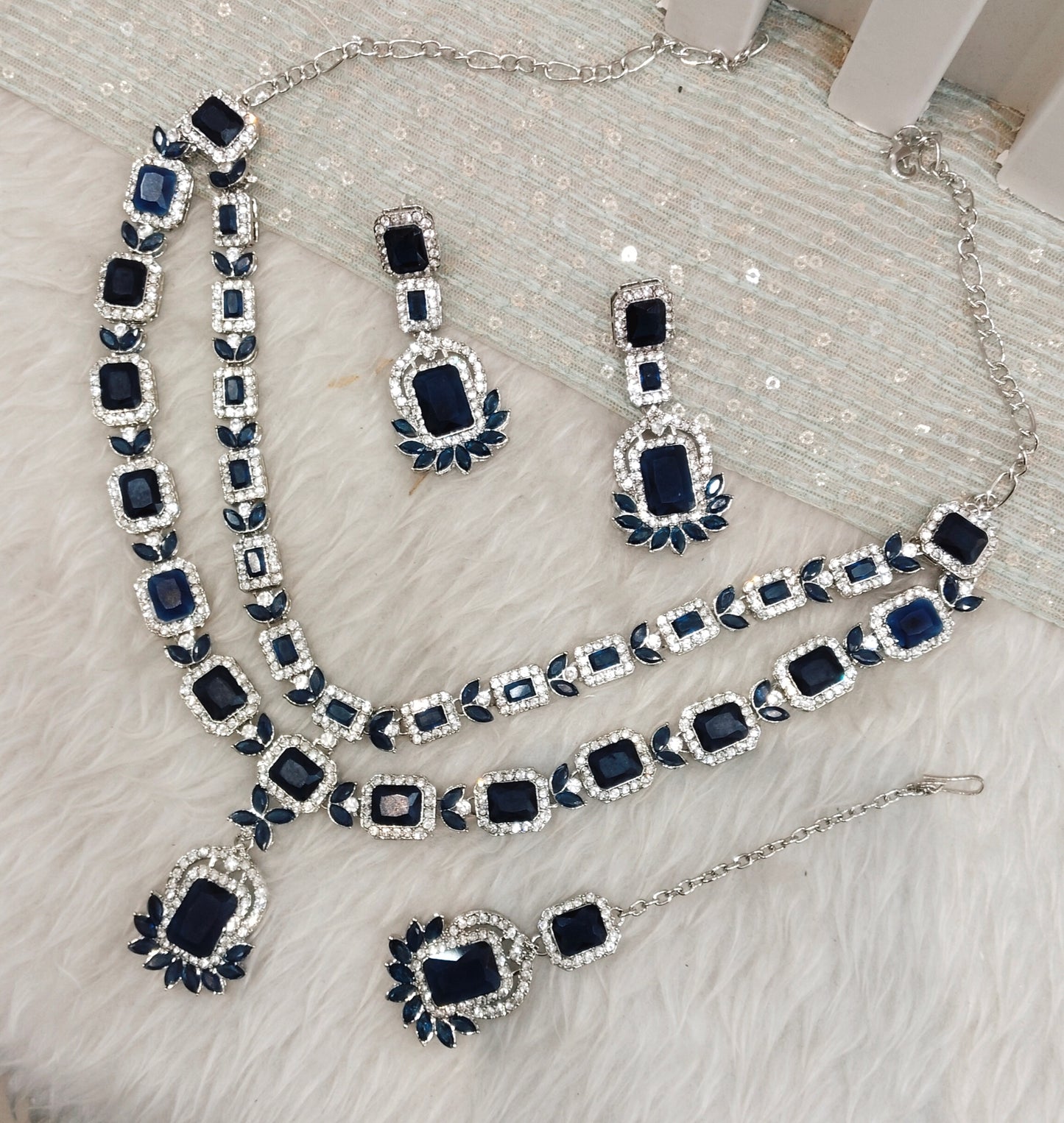Blue Silver CZ Necklace Jewellery Gajrup Set