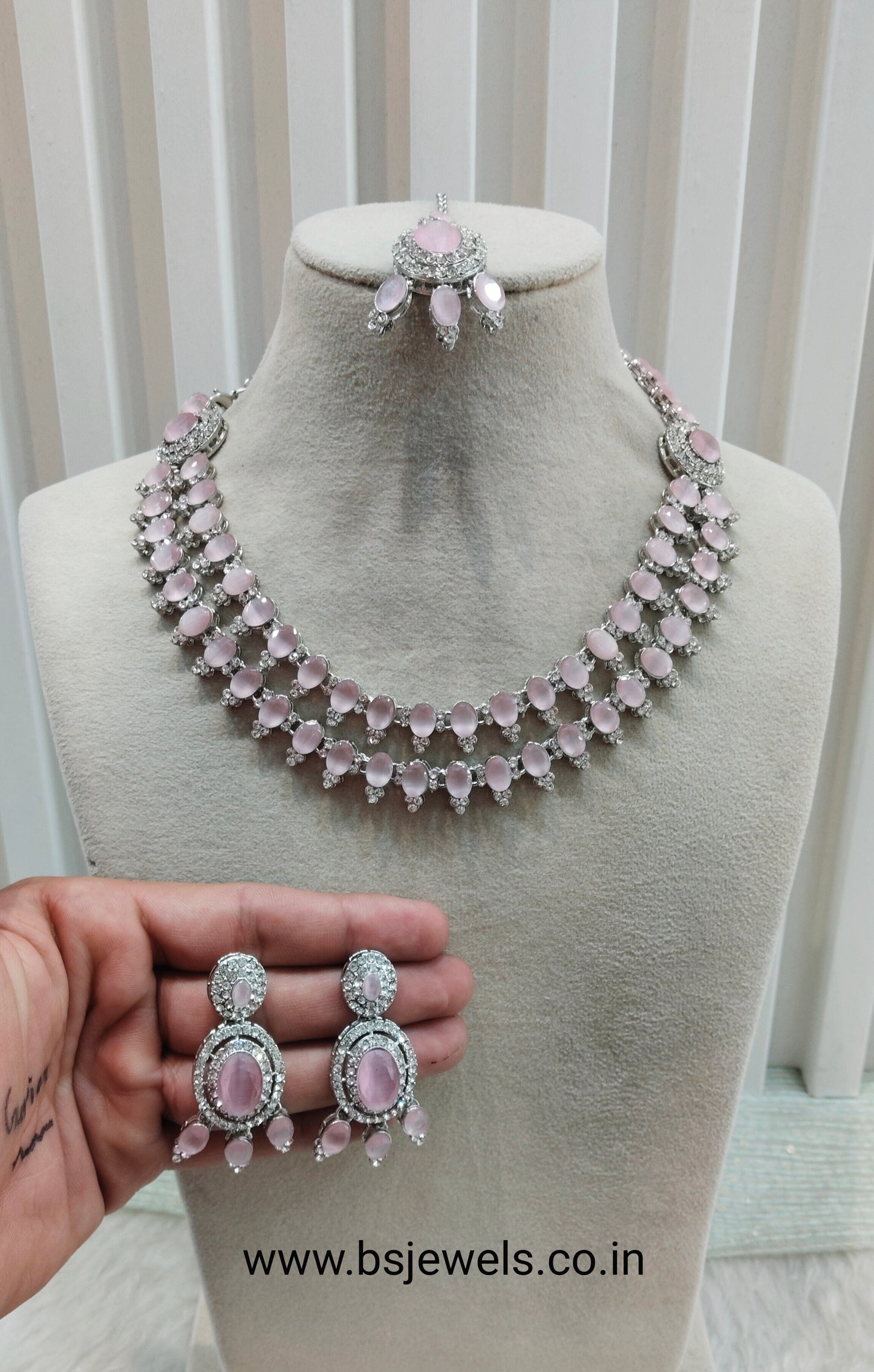 Pink Silver CZ Necklace Jewellery Gajrup Set