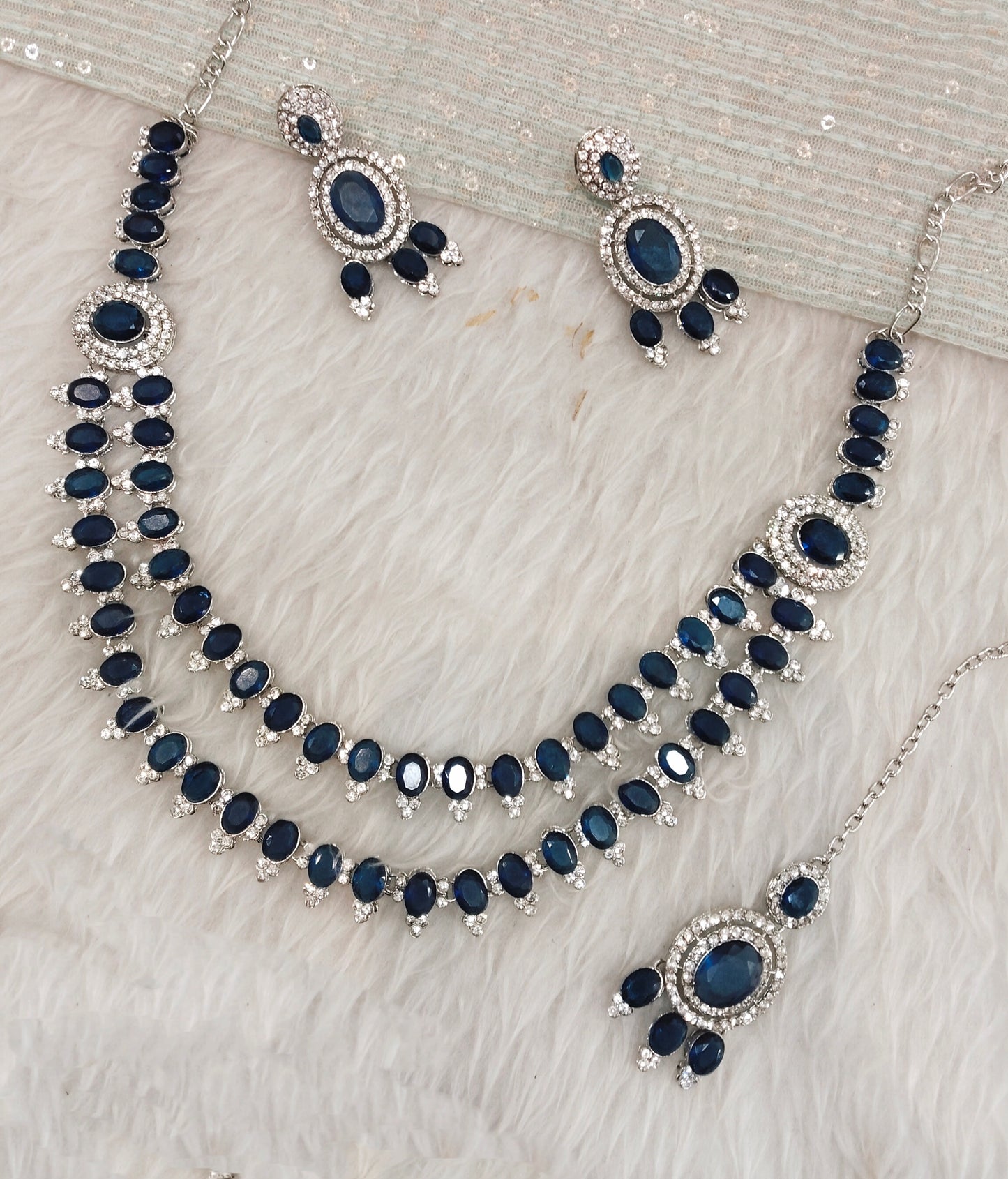 Blue Silver CZ Necklace Jewellery Gajrup Set