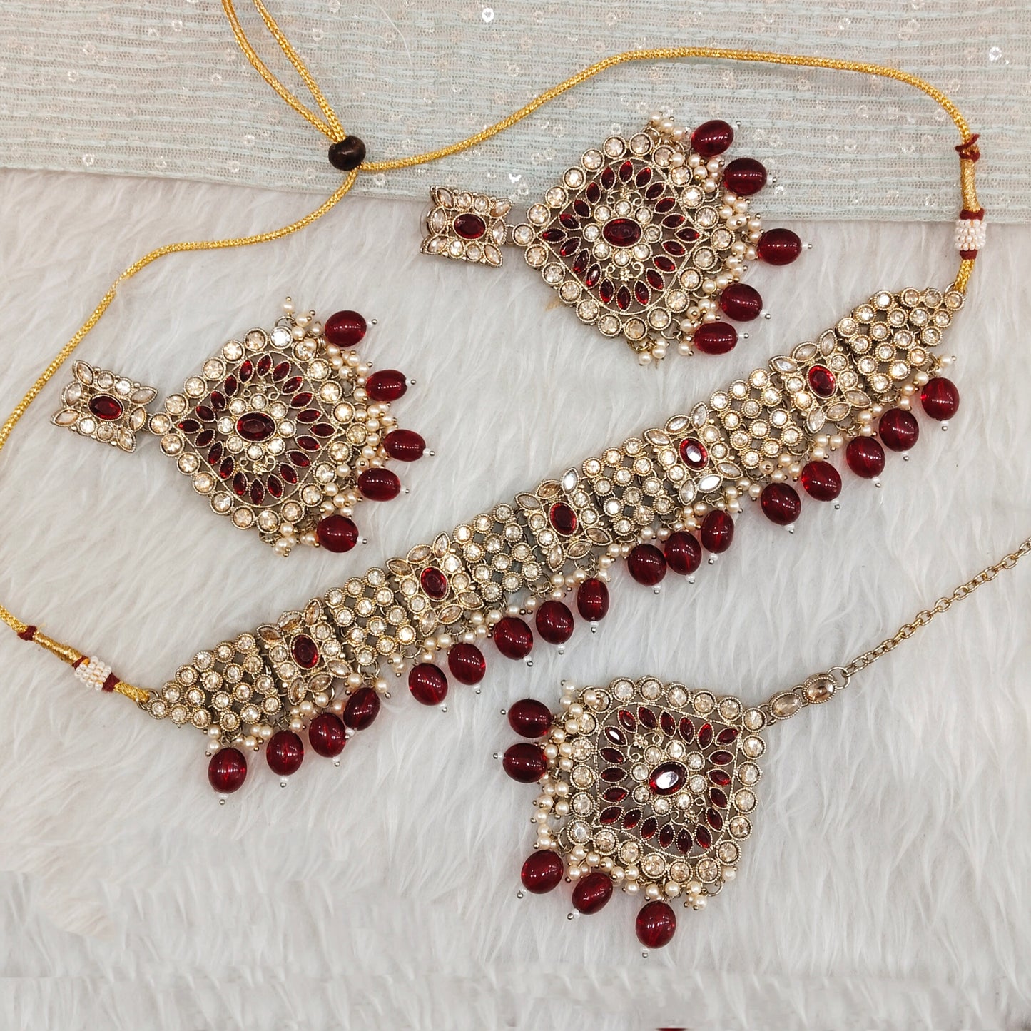 Maroon Antique Gold Choker Jewellery Hanish Set