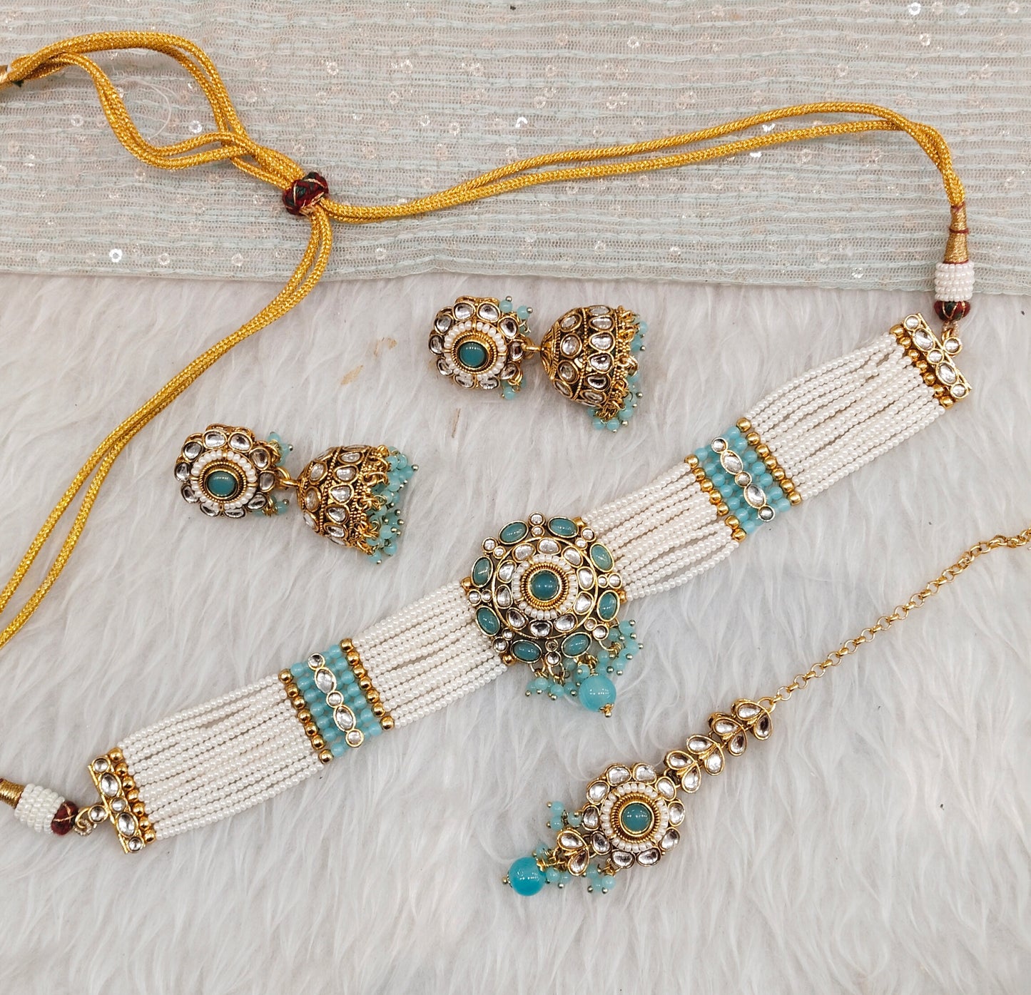 Sky Blue Kundan Choker Jewellery Farhat Set