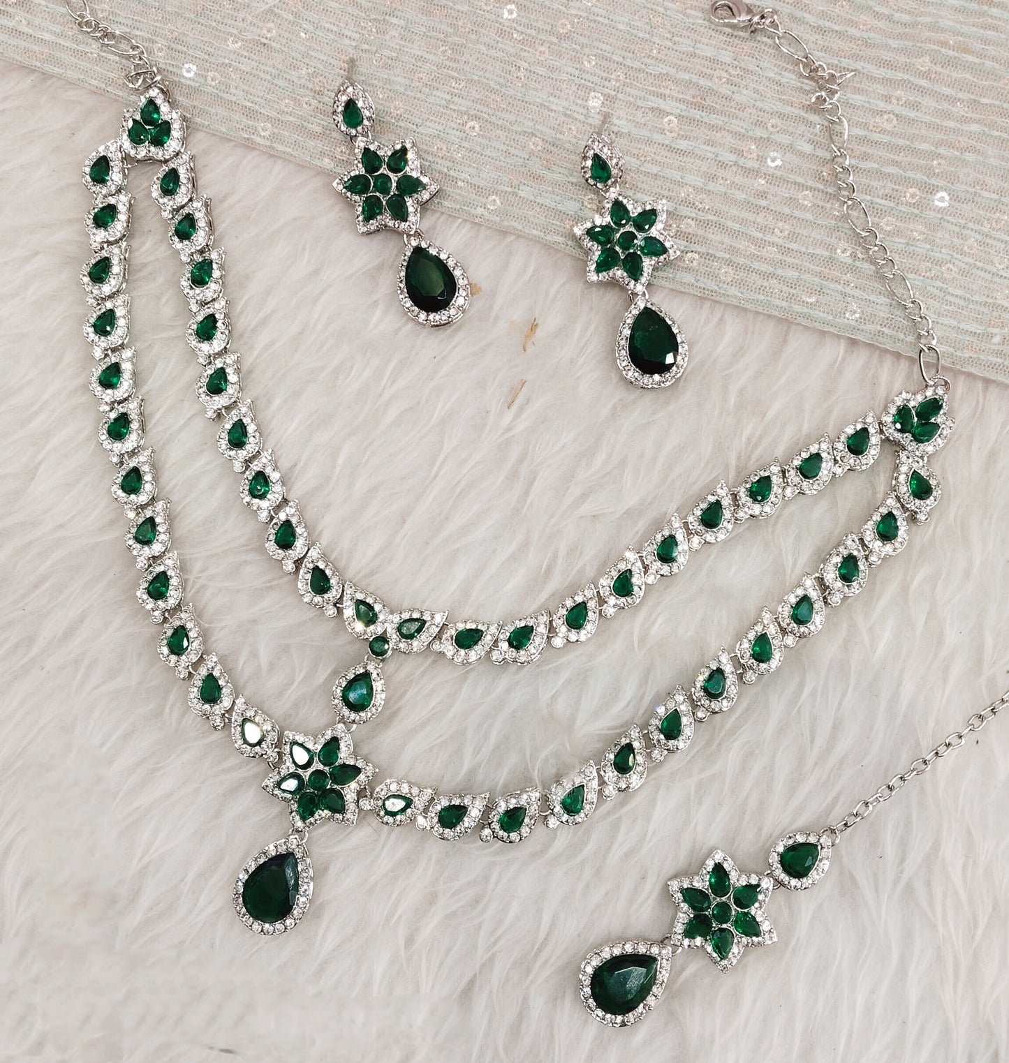 Green Silver CZ Necklace Jewellery Harteij Set
