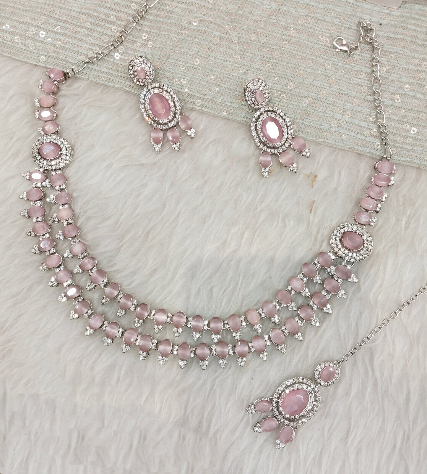 Pink Silver CZ Necklace Jewellery Gajrup Set
