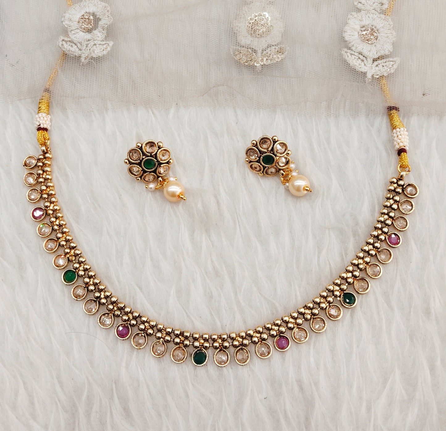 Ruby Green Gold Polki Necklace Jewellery set