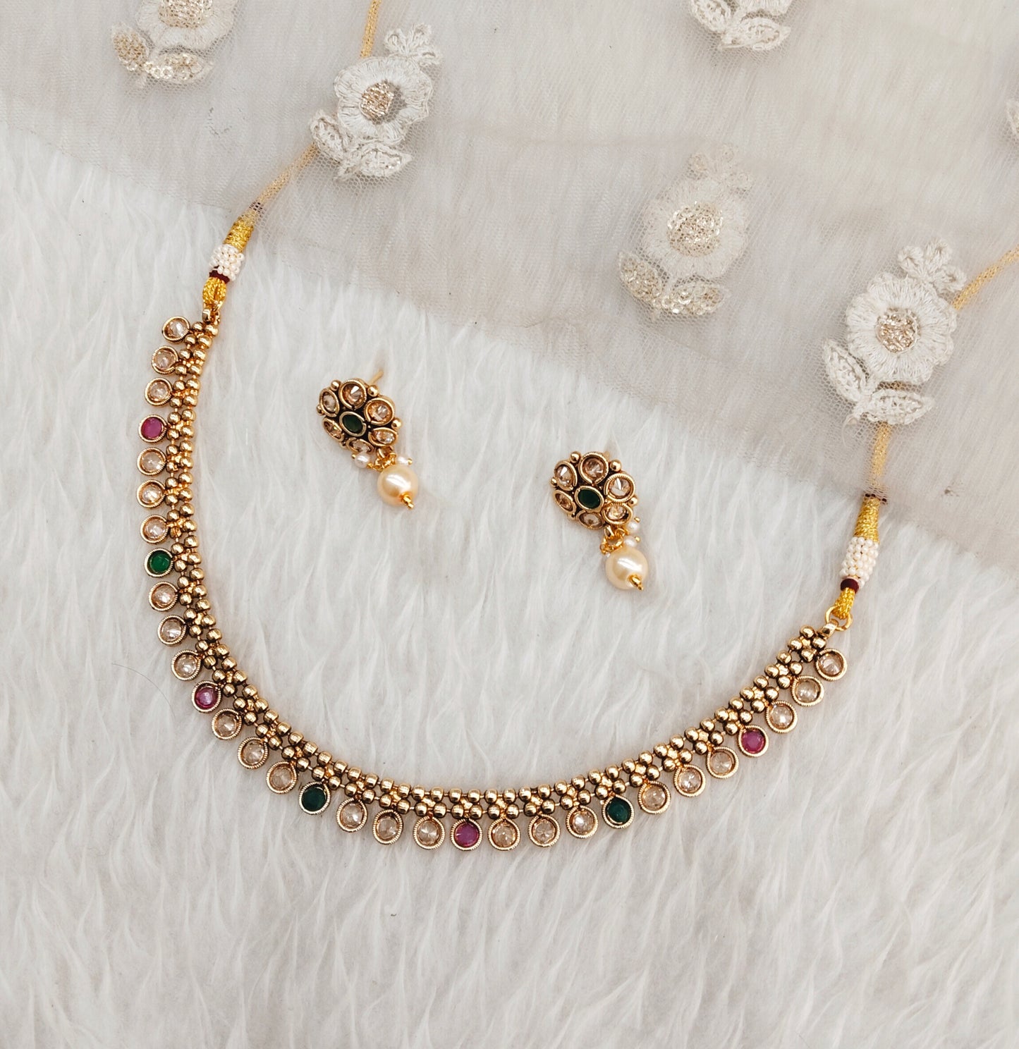 Ruby Green Gold Polki Necklace Jewellery set