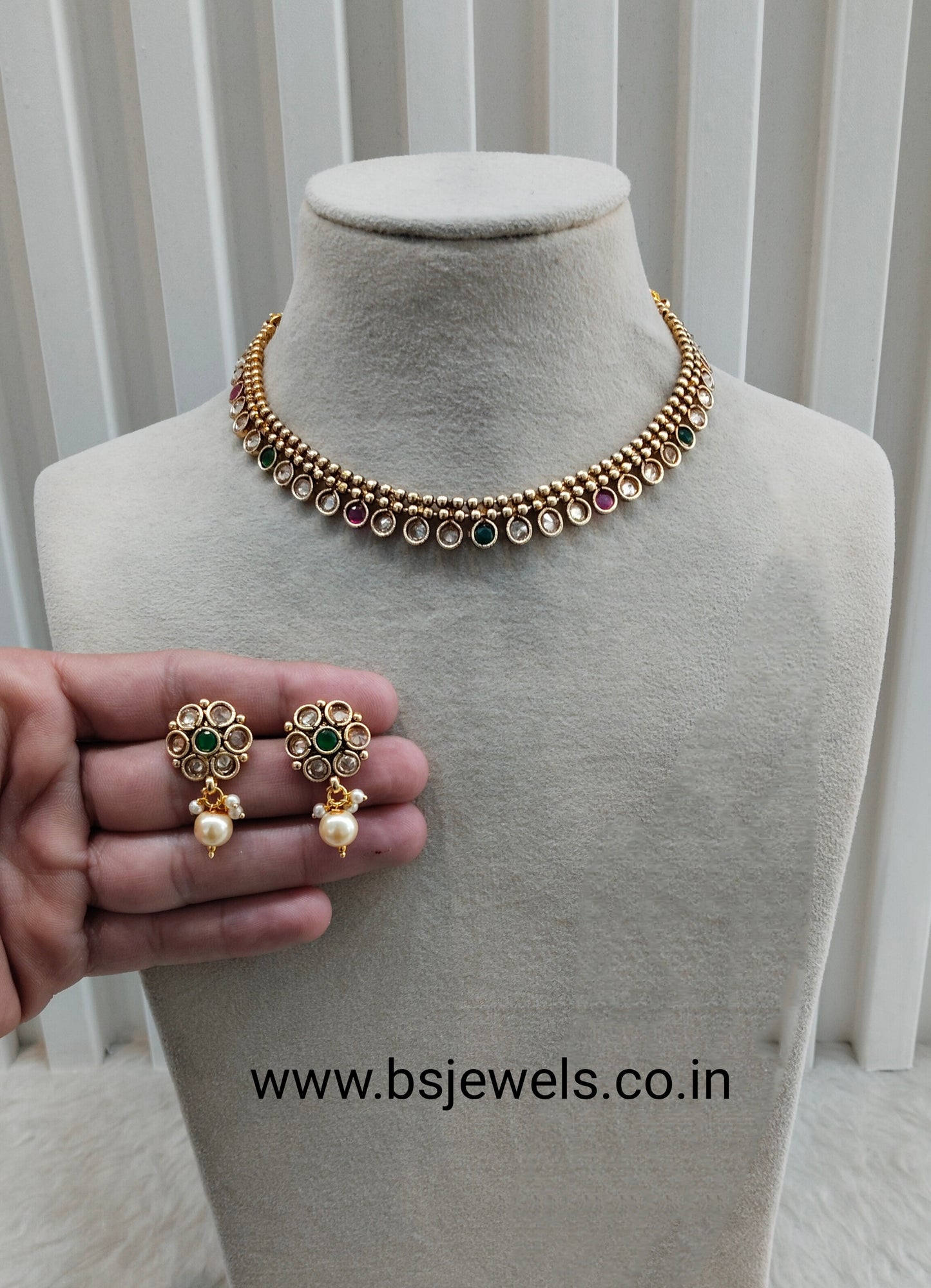 Ruby Green Gold Polki Necklace Jewellery set