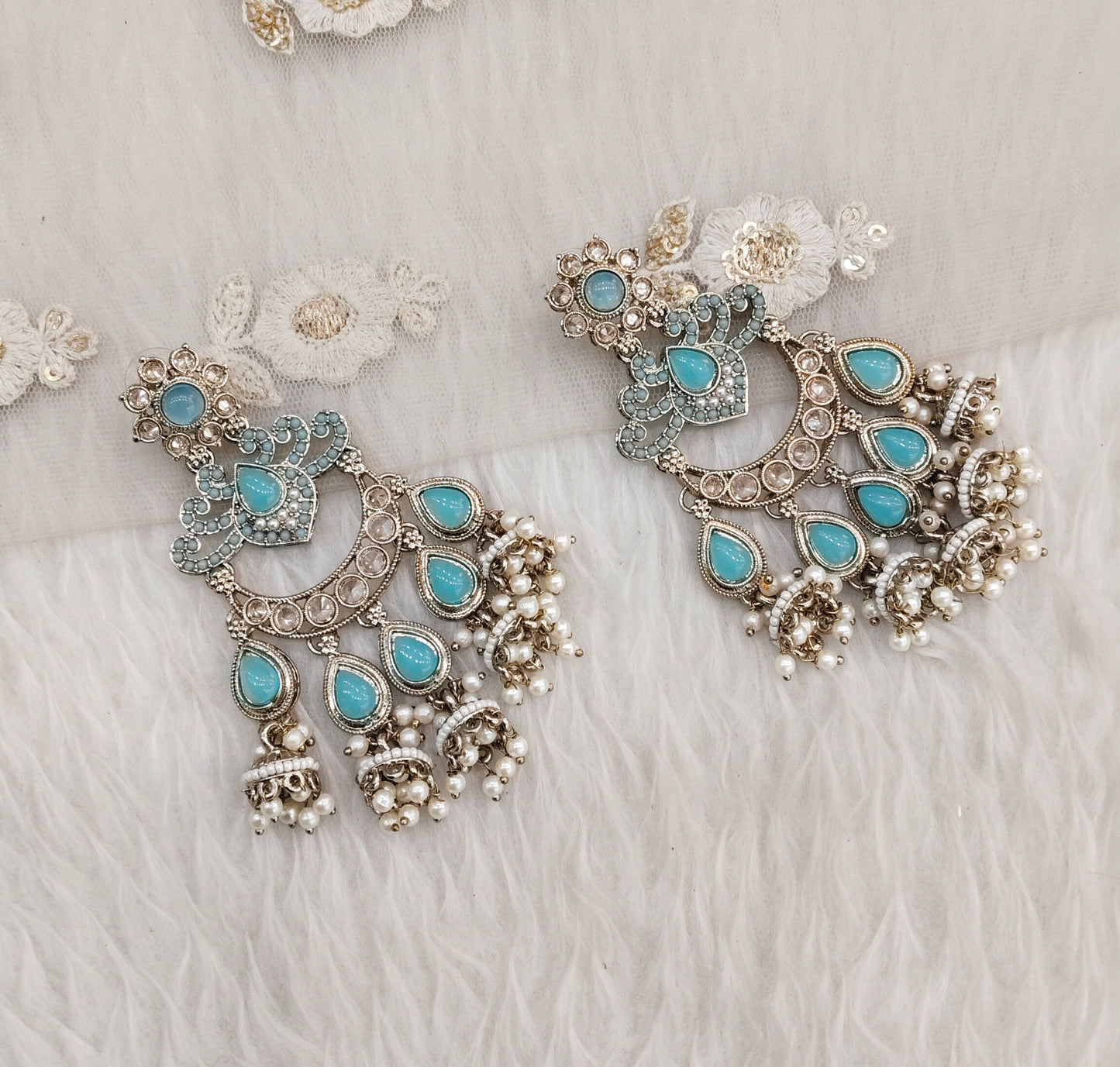 Sky Blue Antique Gold Bollywood Mamber Earrings