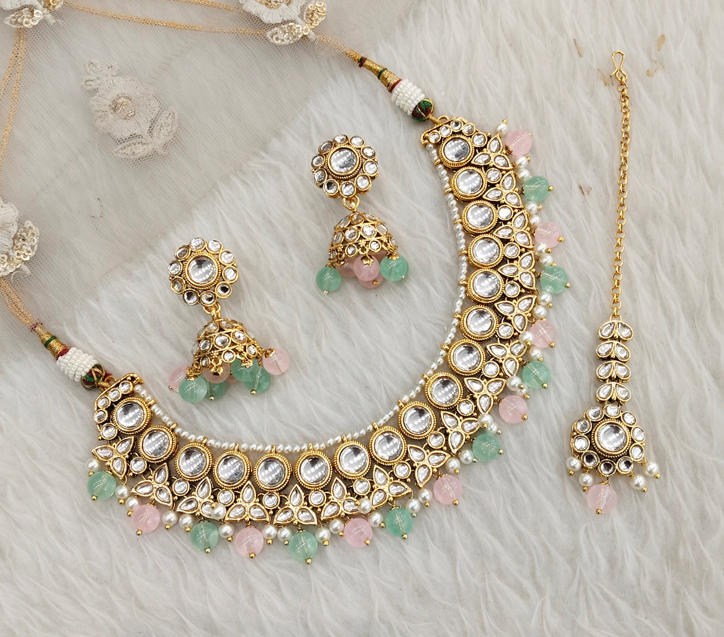Mint Pink Gold Kundan Necklace Jewellery Ricky Set