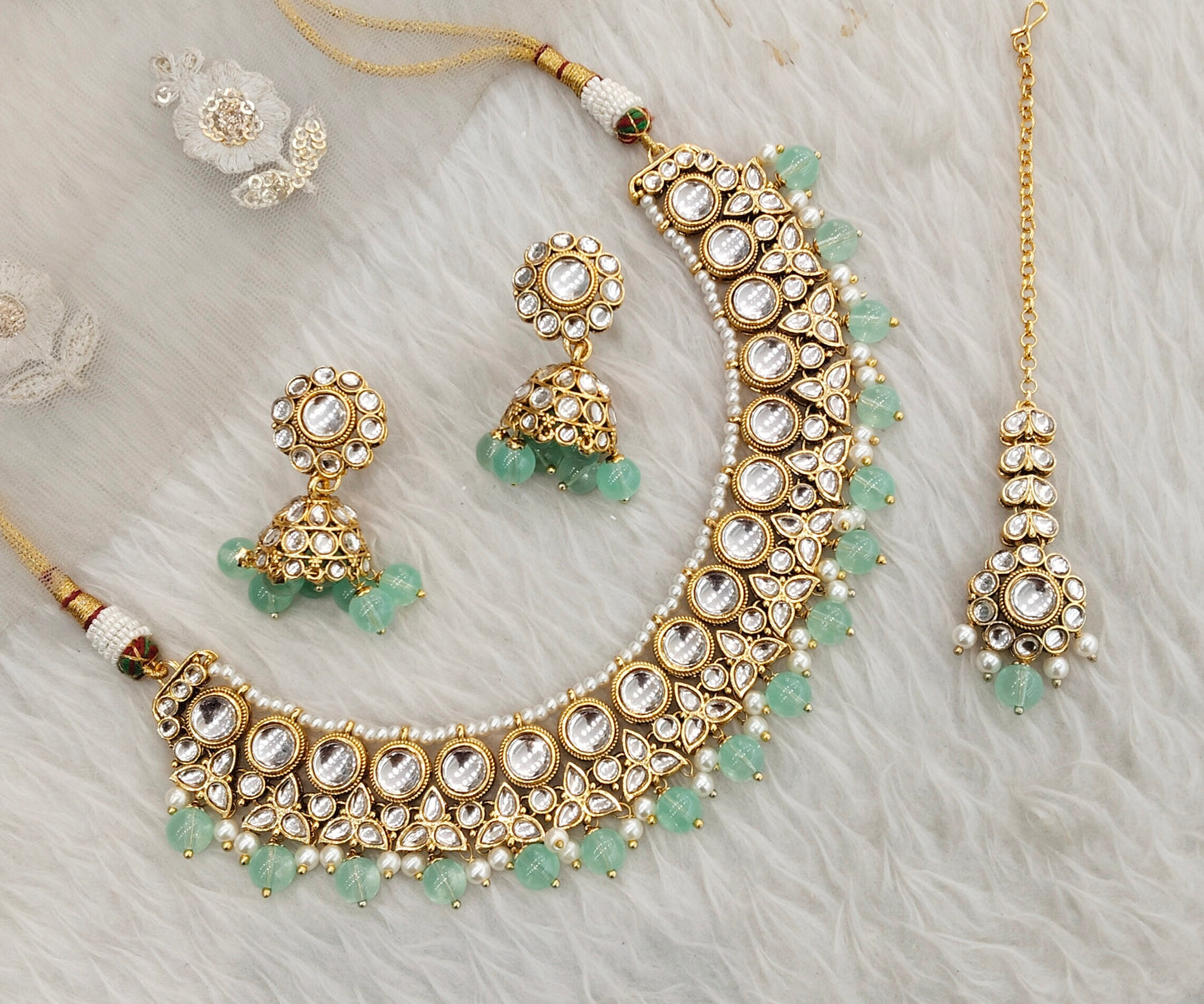 Pista Gold Kundan Necklace Jewellery Ricky Set