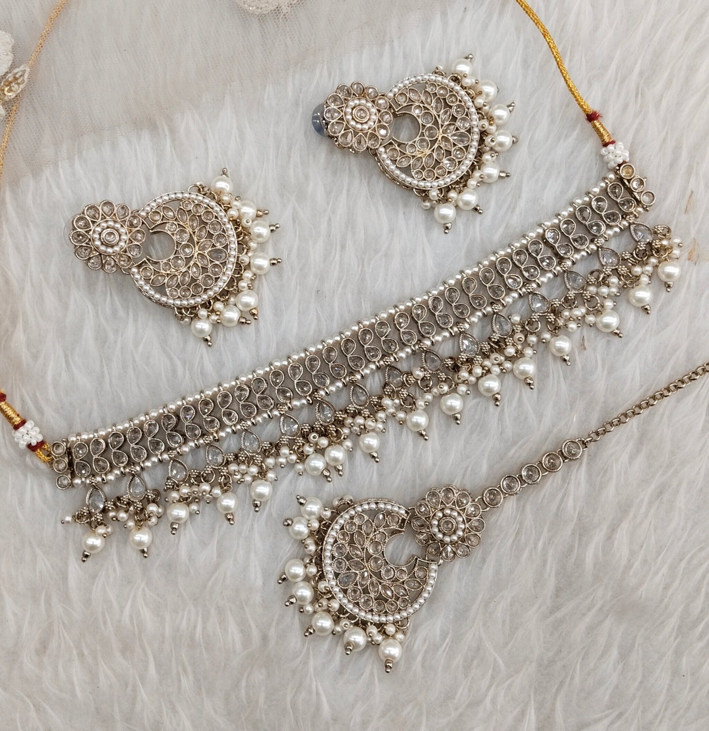 Antique Gold Clear Stone Choker Jewellery Jaiswal Set