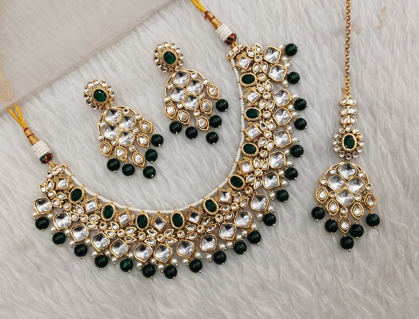 Green Gold Kundan Necklace Jewellery Rishi Set
