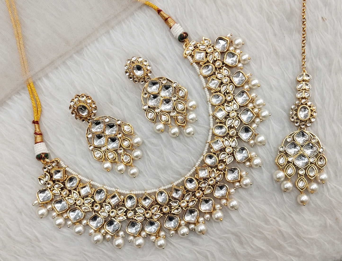 White Gold Kundan Necklace Jewellery Rishi Set