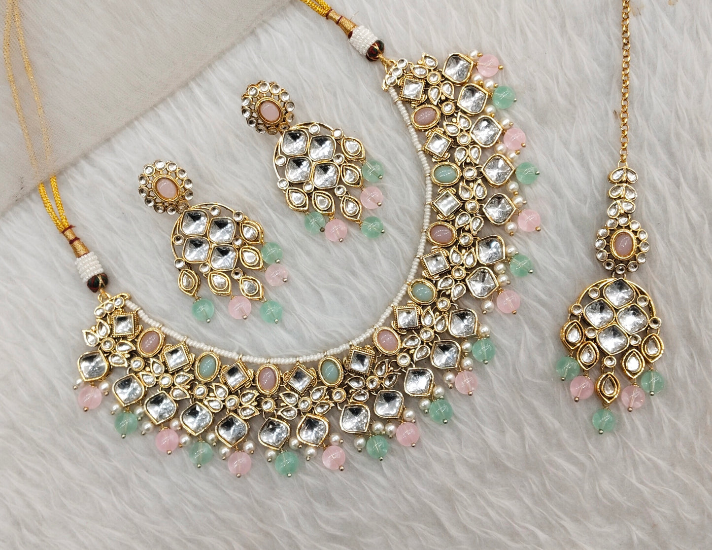 Mint Pink Gold Kundan Necklace Jewellery Rishi Set