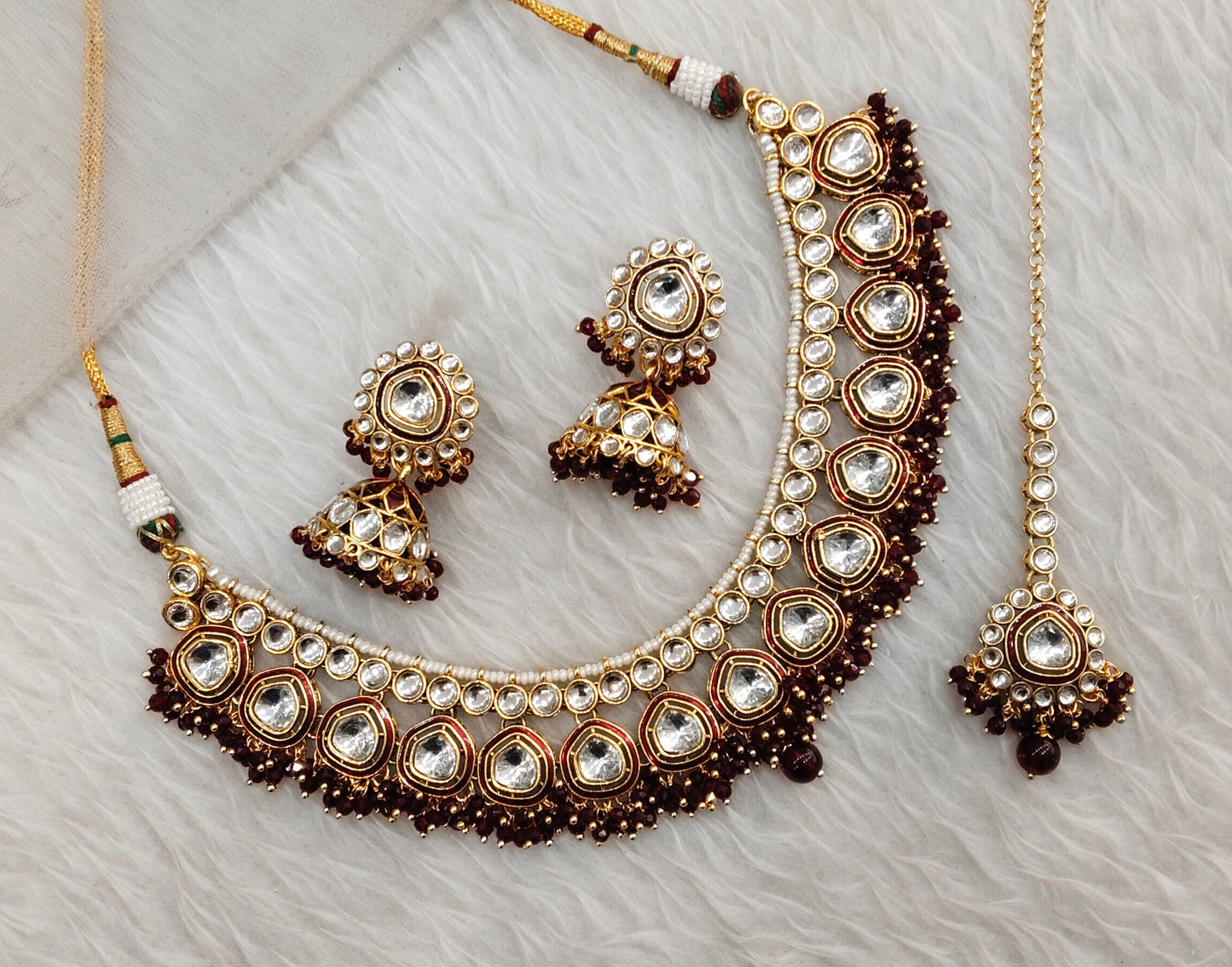 Maroon Gold Kundan Necklace Jewellery Resham Set