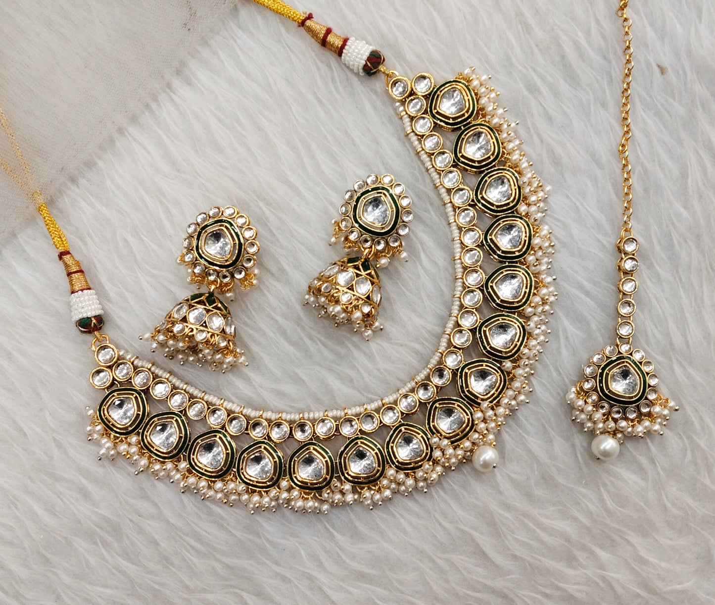 White Gold Kundan Necklace Jewellery Resham Set