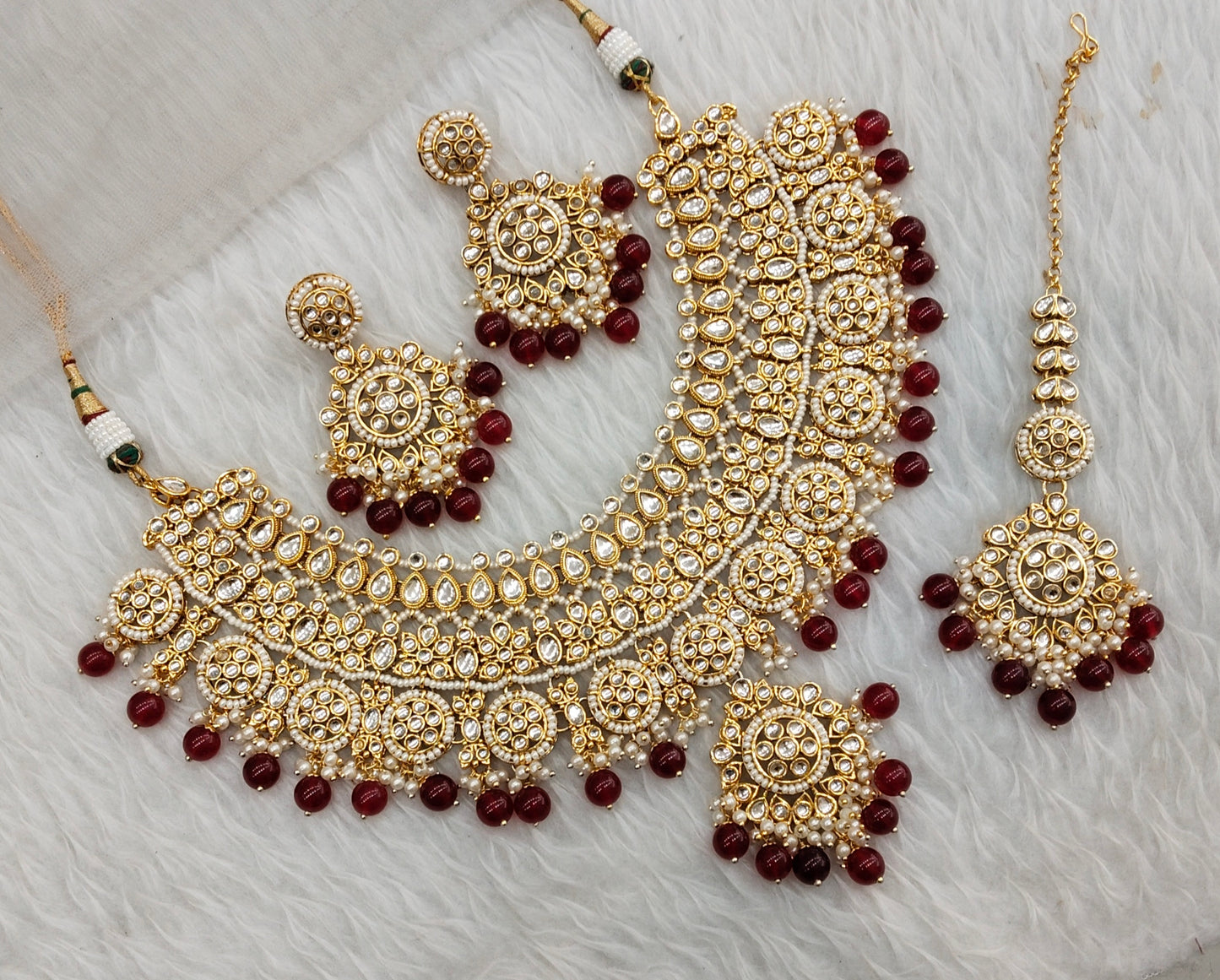 Maroon Gold Kundan Necklace Jewellery Resham Set
