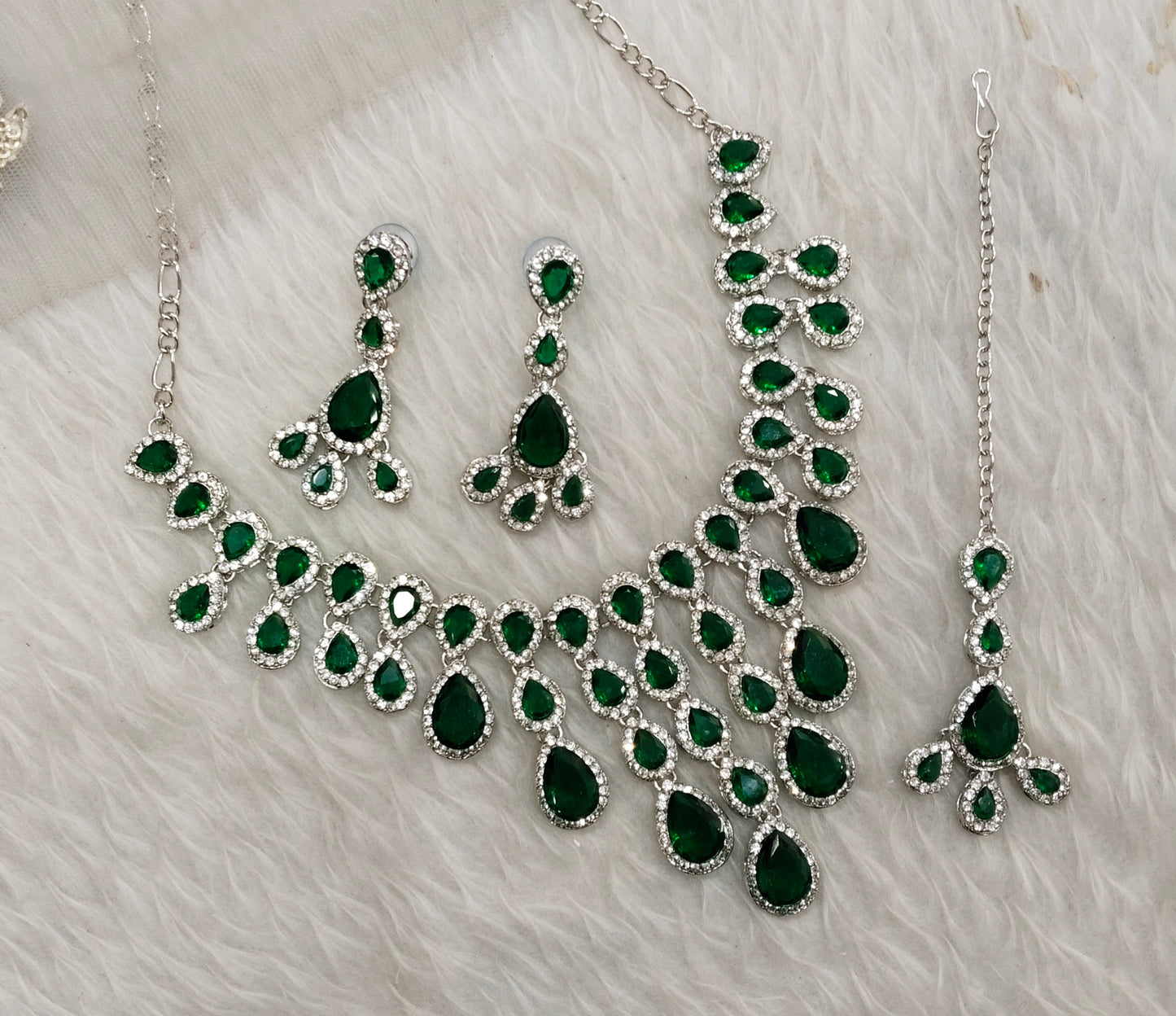 Green Silver Zircon Necklace Jewellery Shami Set