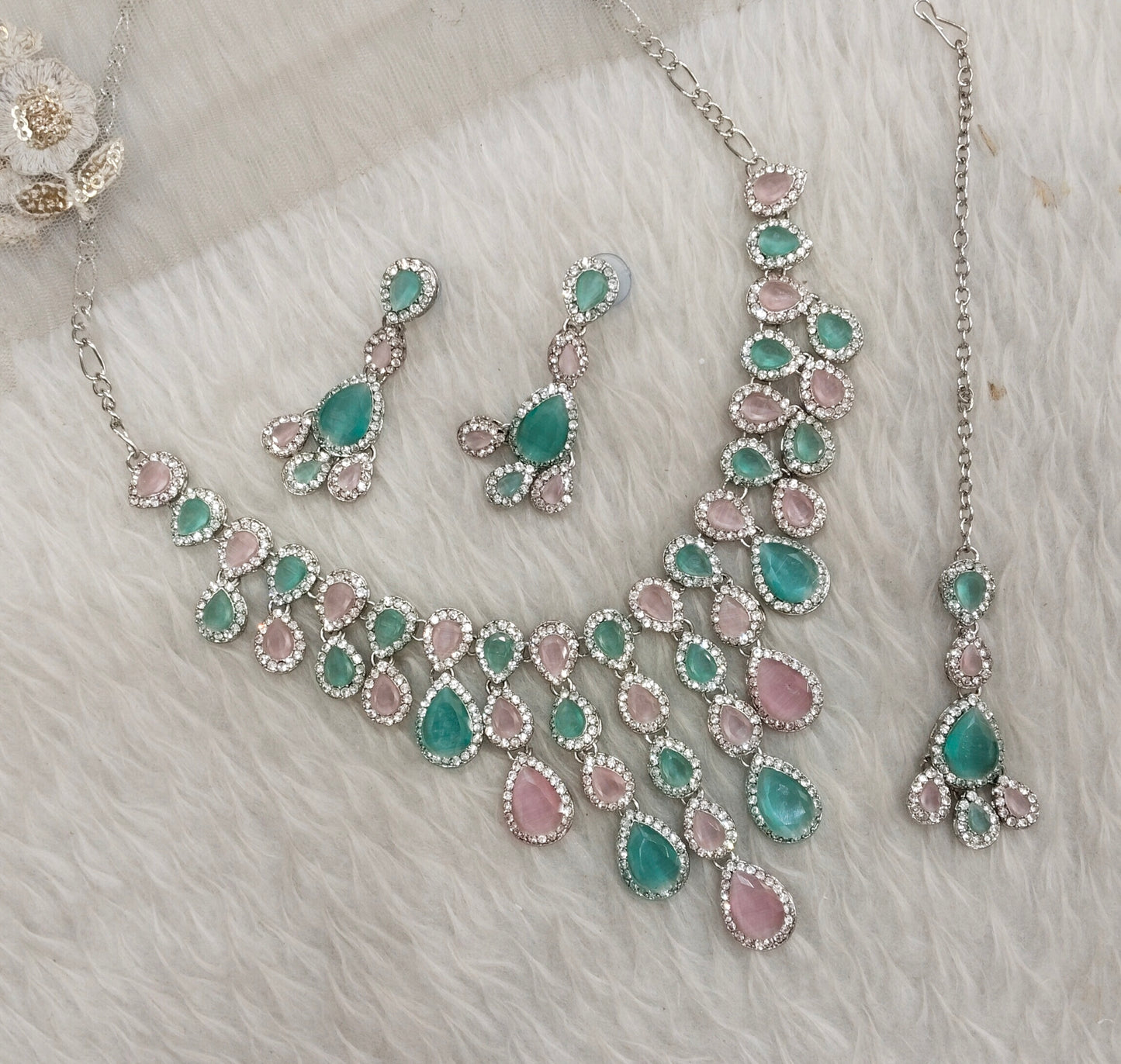 Mint Pink Silver Zircon Necklace Jewellery Shami Set